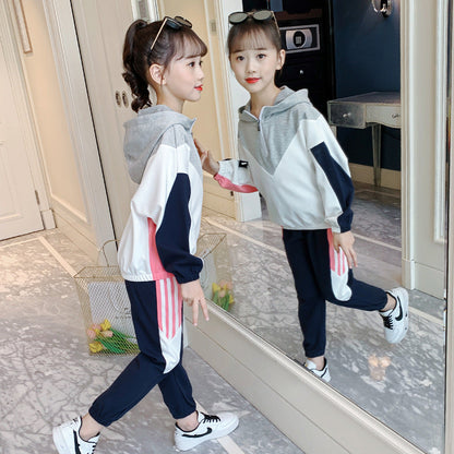 Girls suit 2024 new spring and autumn hooded sports suit for small and large children, casual and fashionable two-piece pullover school uniform