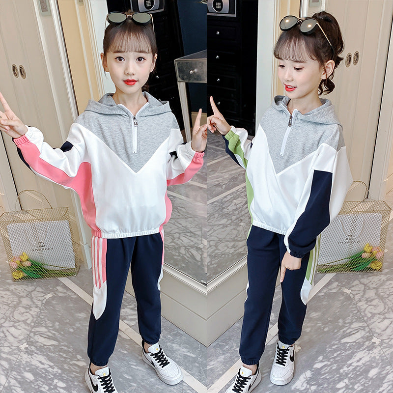 Girls suit 2024 new spring and autumn hooded sports suit for small and large children, casual and fashionable two-piece pullover school uniform