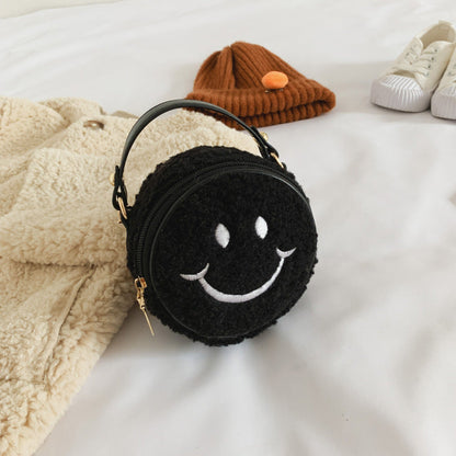 Children's smiley face bag woolen bag new style casual children's shoulder bag small round bag fashionable girls messenger bag wholesale 