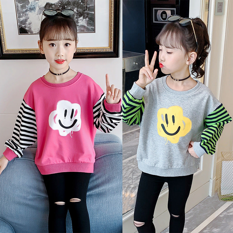 Girls long-sleeved T-shirt 2024 new spring and autumn all-match contrast color striped tops stylish girl cartoon sweater jacket