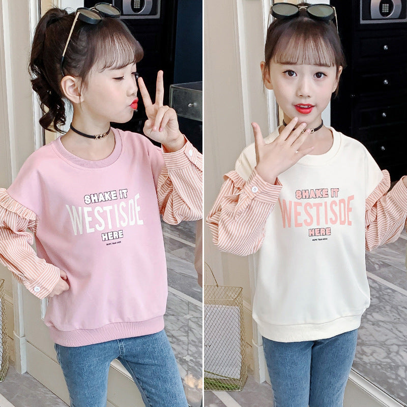 Girls long-sleeved T-shirt 2024 new spring and autumn striped stitching bottoming shirt Western style girl loose versatile top trend