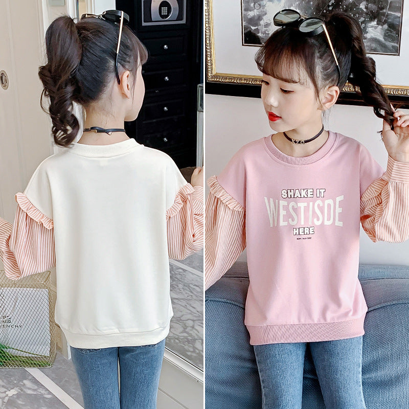 Girls long-sleeved T-shirt 2024 new spring and autumn striped stitching bottoming shirt Western style girl loose versatile top trend