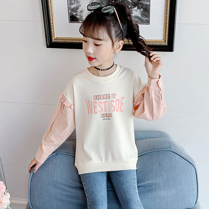 Girls long-sleeved T-shirt 2024 new spring and autumn striped stitching bottoming shirt Western style girl loose versatile top trend