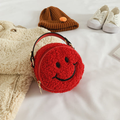 Children's smiley face bag woolen bag new style casual children's shoulder bag small round bag fashionable girls messenger bag wholesale 