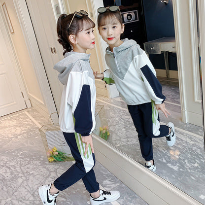 Girls suit 2024 new spring and autumn hooded sports suit for small and large children, casual and fashionable two-piece pullover school uniform