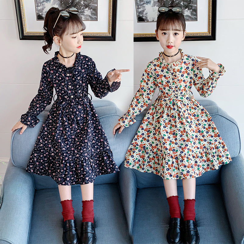 Girls cotton skirt 2024 new spring and autumn children's middle and large children's stylish floral fashion dress long skirt