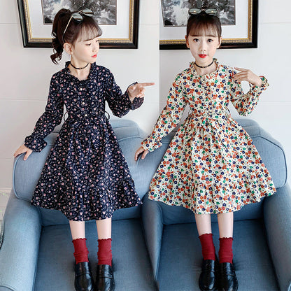 Girls cotton skirt 2024 new spring and autumn children's middle and large children's stylish floral fashion dress long skirt