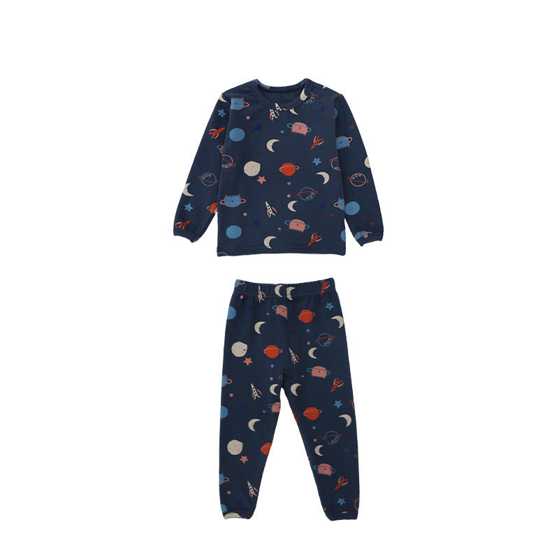 Children's autumn and winter cartoon wool pull rack home clothes baby round neck underwear boys and girls pajamas autumn clothes and pants suits trendy