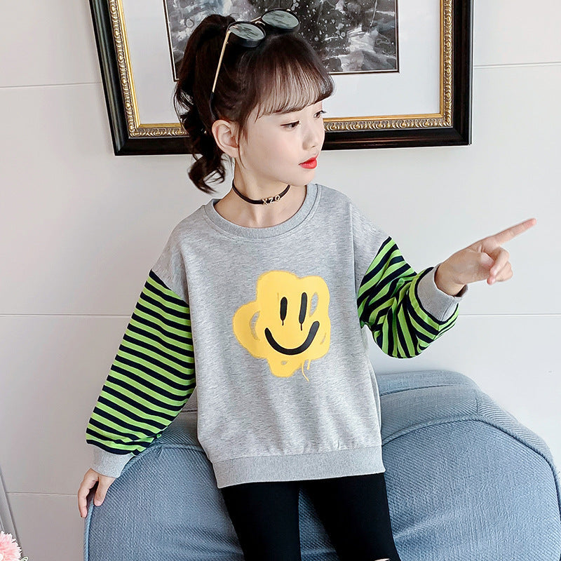 Girls long-sleeved T-shirt 2024 new spring and autumn all-match contrast color striped tops stylish girl cartoon sweater jacket