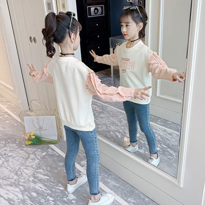 Girls long-sleeved T-shirt 2024 new spring and autumn striped stitching bottoming shirt Western style girl loose versatile top trend