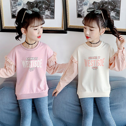 Girls long-sleeved T-shirt 2024 new spring and autumn striped stitching bottoming shirt Western style girl loose versatile top trend