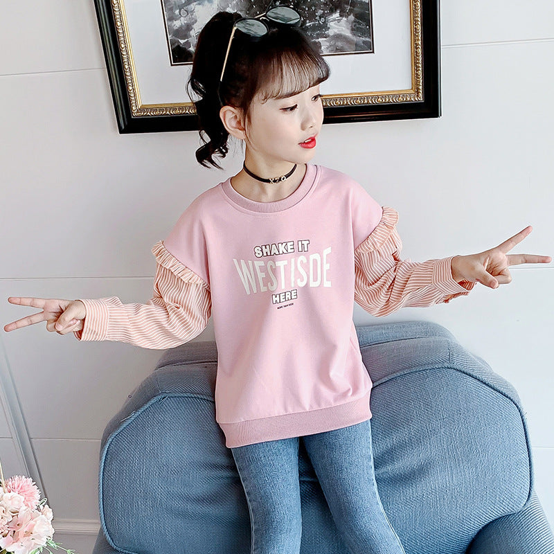 Girls long-sleeved T-shirt 2024 new spring and autumn striped stitching bottoming shirt Western style girl loose versatile top trend