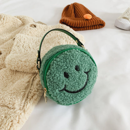 Children's smiley face bag woolen bag new style casual children's shoulder bag small round bag fashionable girls messenger bag wholesale 