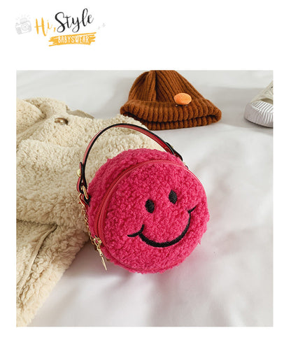 Children's smiley face bag woolen bag new style casual children's shoulder bag small round bag fashionable girls messenger bag wholesale 