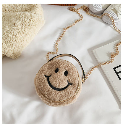 Children's smiley face bag woolen bag new style casual children's shoulder bag small round bag fashionable girls messenger bag wholesale 