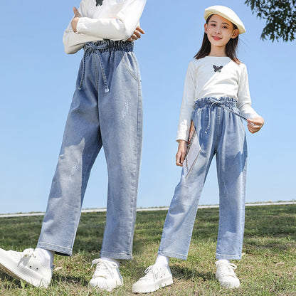 Girls jeans 2024 new spring and autumn children's middle and large children's fashionable long pants loose fashionable pants trend