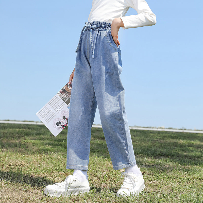 Girls jeans 2024 new spring and autumn children's middle and large children's fashionable long pants loose fashionable pants trend