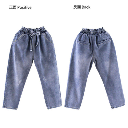 Girls jeans 2024 new spring and autumn children's middle and large children's fashionable long pants loose fashionable pants trend