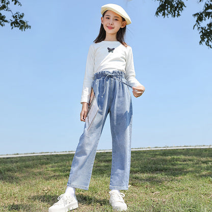 Girls jeans 2024 new spring and autumn children's middle and large children's fashionable long pants loose fashionable pants trend