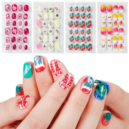 Manicure children's finished nail pieces 24 pieces of adhesive Christmas cartoon bagged wearable color nail pieces nail stickers