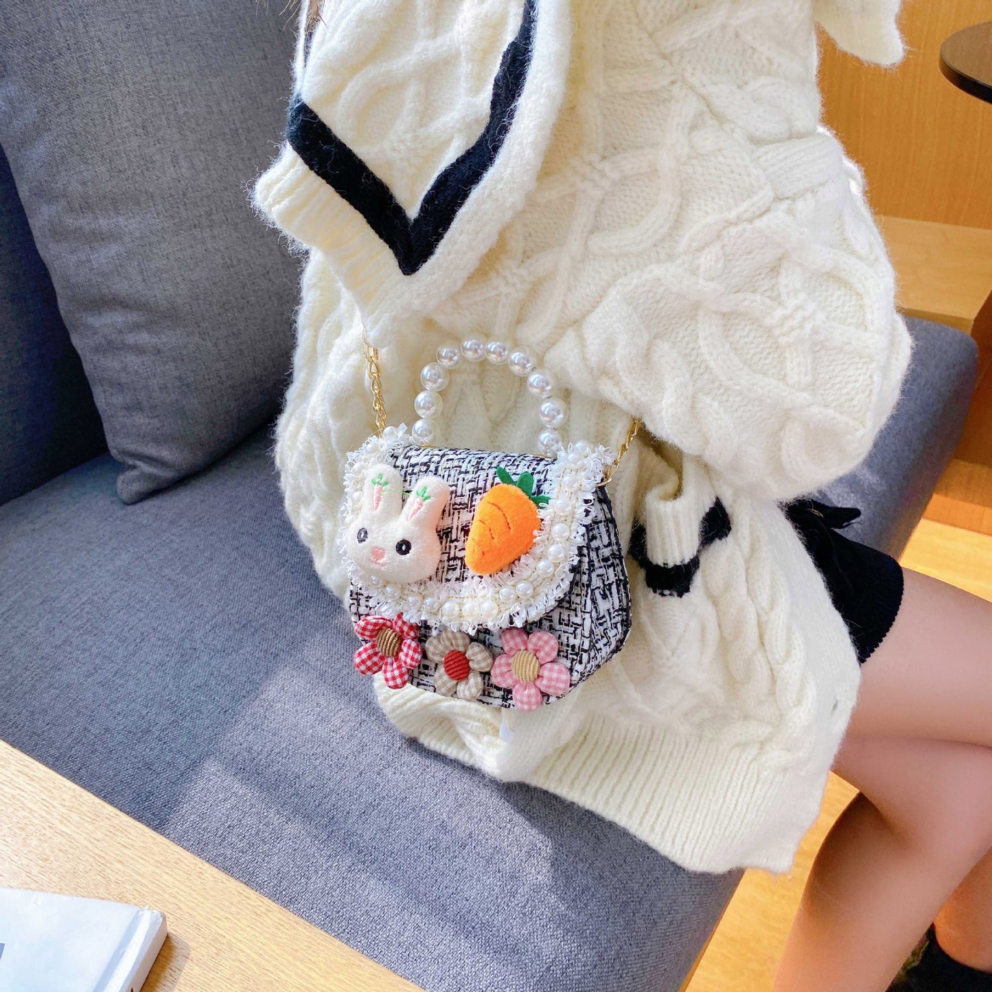 Fashion children's bag cute little flower baby girl coin purse cotton and linen cartoon little rabbit children's crossbody bag