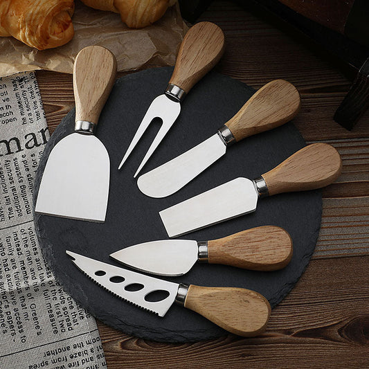 Stainless steel cheese knife set butter cream scraper spatula cheese pizza knife wooden handle baking tool steak knife