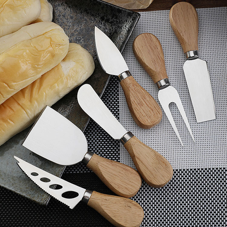 Stainless steel cheese knife set butter cream scraper spatula cheese pizza knife wooden handle baking tool steak knife