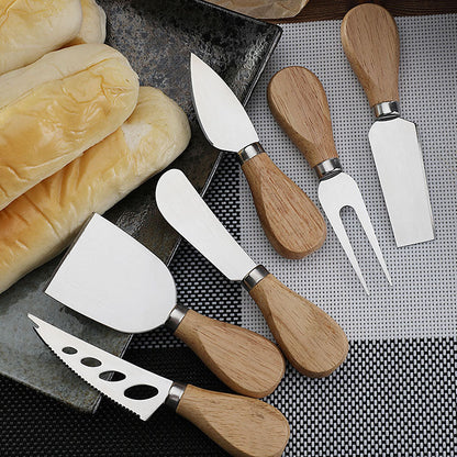 Stainless steel cheese knife set butter cream scraper spatula cheese pizza knife wooden handle baking tool steak knife