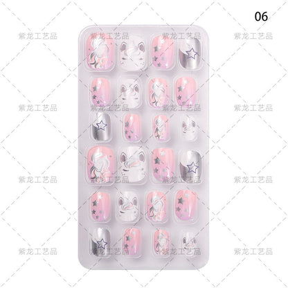 Zhifei's new finished nail pieces 24 pieces in a bag cartoon unicorn snowflake adhesive children's wear nail piece patches