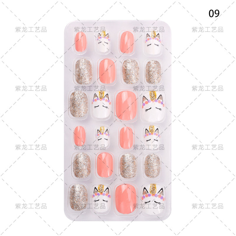 Zhifei's new finished nail pieces 24 pieces in a bag cartoon unicorn snowflake adhesive children's wear nail piece patches