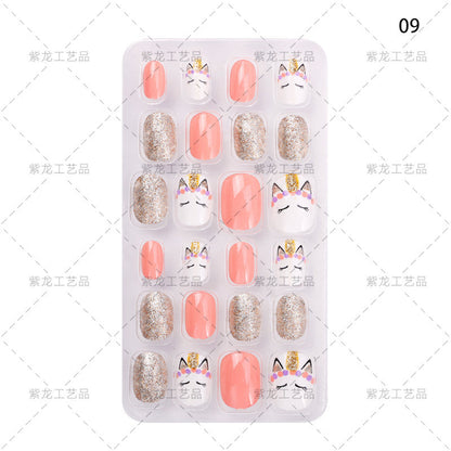 Zhifei's new finished nail pieces 24 pieces in a bag cartoon unicorn snowflake adhesive children's wear nail piece patches