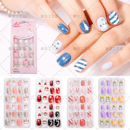 Zhifei's new finished nail pieces 24 pieces in a bag cartoon unicorn snowflake adhesive children's wear nail piece patches