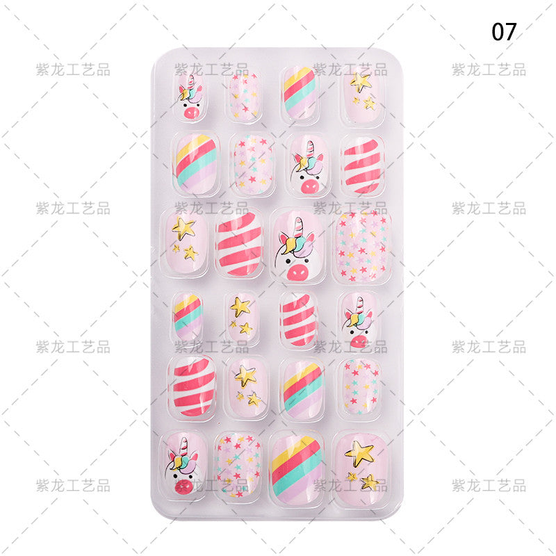 Zhifei's new finished nail pieces 24 pieces in a bag cartoon unicorn snowflake adhesive children's wear nail piece patches