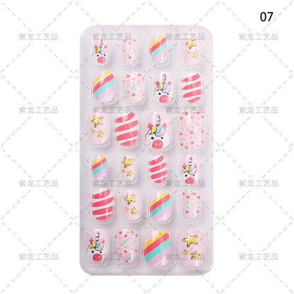 Zhifei's new finished nail pieces 24 pieces in a bag cartoon unicorn snowflake adhesive children's wear nail piece patches