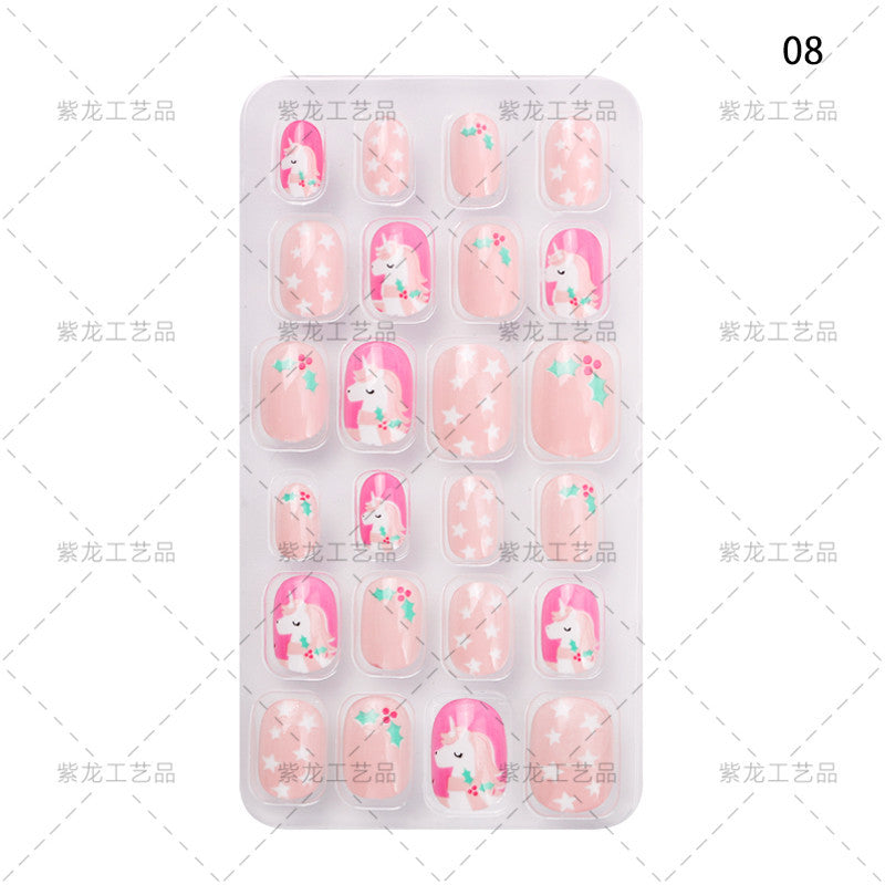 Zhifei's new finished nail pieces 24 pieces in a bag cartoon unicorn snowflake adhesive children's wear nail piece patches