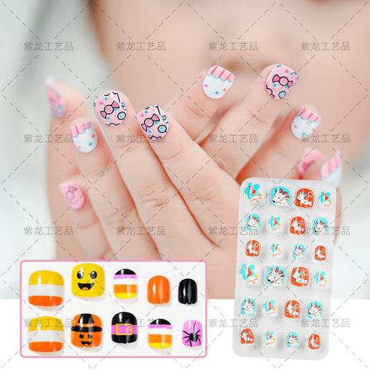 Zhifei manicure ក្រចកដែលបានរួចរាល់ហើយរបស់កុមារមាន24 បំណែកនៅក្នុងថង់ ម៉ូតគំនូរជីវចល ក្រចកសិប្បនិម្មិតរបស់កុមារ