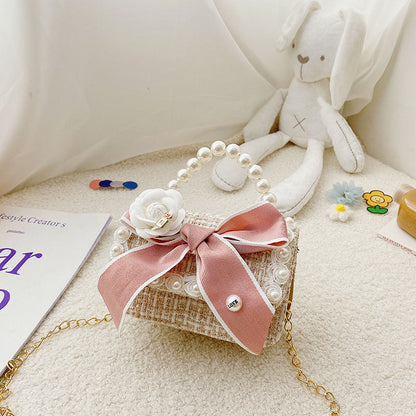 Fashion Girls Accessories Bag Cotton and Linen Bowknot Girls Crossbody Bag Princess Style Pearl Handbag Shoulder Bag