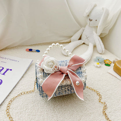 Fashion Girls Accessories Bag Cotton and Linen Bowknot Girls Crossbody Bag Princess Style Pearl Handbag Shoulder Bag