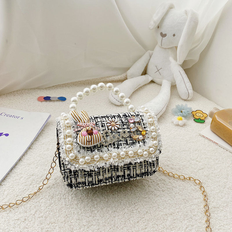 Fashion Girls Accessories Bag Cotton and Linen Bowknot Girls Crossbody Bag Princess Style Pearl Handbag Shoulder Bag