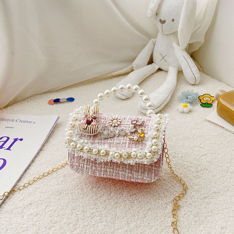 Fashion Girls Accessories Bag Cotton and Linen Bowknot Girls Crossbody Bag Princess Style Pearl Handbag Shoulder Bag