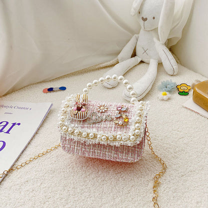 Fashion Girls Accessories Bag Cotton and Linen Bowknot Girls Crossbody Bag Princess Style Pearl Handbag Shoulder Bag