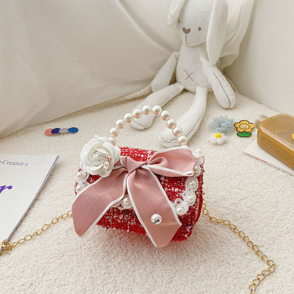 Fashion Girls Accessories Bag Cotton and Linen Bowknot Girls Crossbody Bag Princess Style Pearl Handbag Shoulder Bag