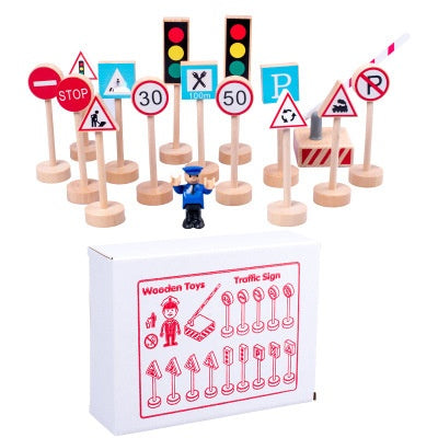 Children's wooden fun road traffic traffic light sign cognitive early education kindergarten 15-piece set educational toys