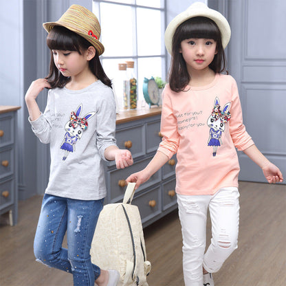 Girls long-sleeved T-shirt 2024 new spring and autumn girls cartoon print long T-shirt Korean version bottoming shirt top