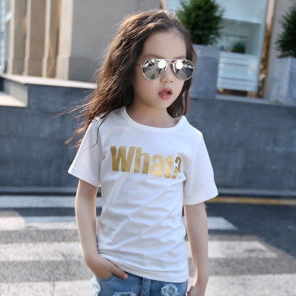 Girls short-sleeved T-shirt 2024 new summer clothes for children, middle and large children, fashionable T-shirt pullover knitted cotton sweater tops