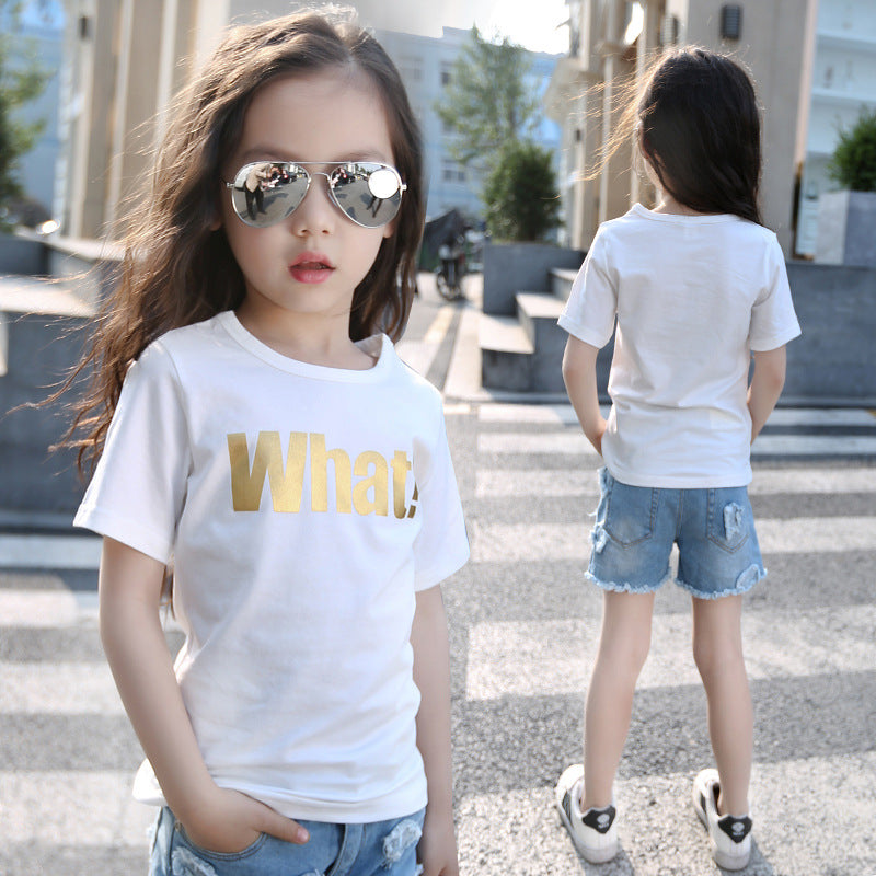 Girls short-sleeved T-shirt 2024 new summer clothes for children, middle and large children, fashionable T-shirt pullover knitted cotton sweater tops