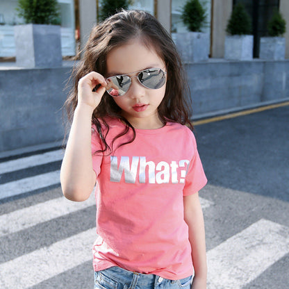 Girls short-sleeved T-shirt 2024 new summer clothes for children, middle and large children, fashionable T-shirt pullover knitted cotton sweater tops