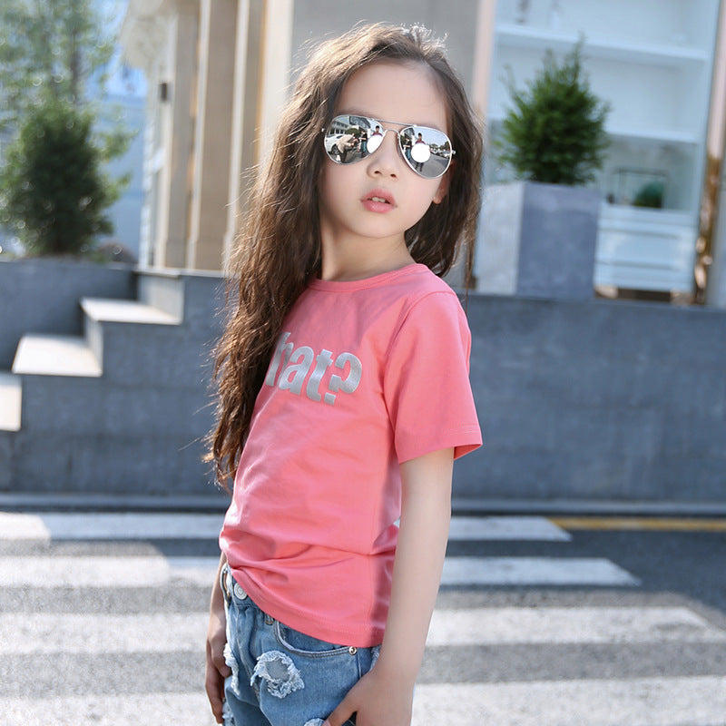 Girls short-sleeved T-shirt 2024 new summer clothes for children, middle and large children, fashionable T-shirt pullover knitted cotton sweater tops