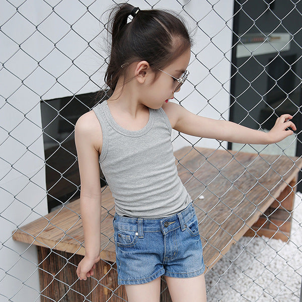 2024 new summer Korean version girls solid color round neck children's fashion trend medium and large children's camisole spring