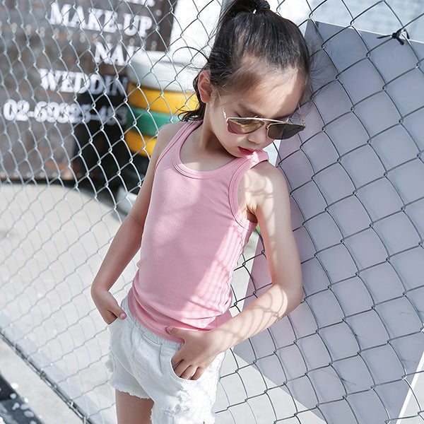 2024 new summer Korean version girls solid color round neck children's fashion trend medium and large children's camisole spring